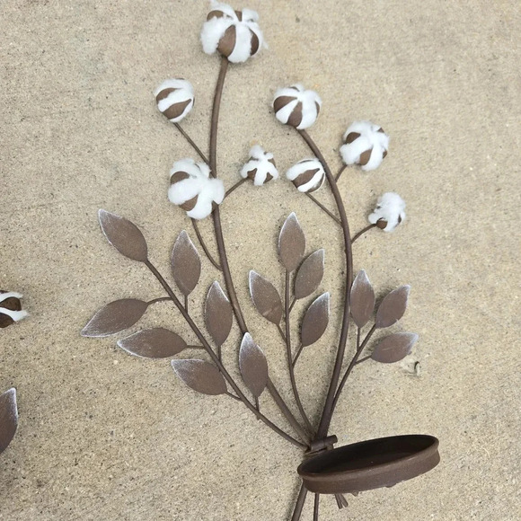 Rustic Metal Cotton Stem Hanging Wall Candle Sconces Pair Farmhouse Decor - Picture 4 of 10